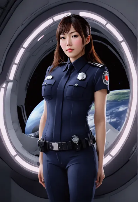 (((( Japanese Woman wearing 2005 japan Police Officer )))), with flowing hair on a realistic futuristic space station)), ((sleeping in coffin shaped futuristic cryopod)), ((cushioned bed with display and glowing control surfaces)), ((scifi circlet on head)...