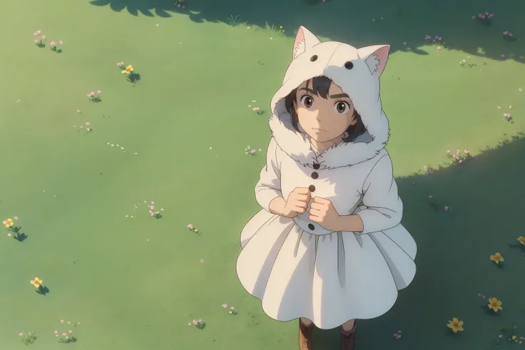 A small girl standing on a path in a grassy field, white short fur dress, (short fur skirt), cat hood, (she is looking directly at the camera with a curious expression), from above