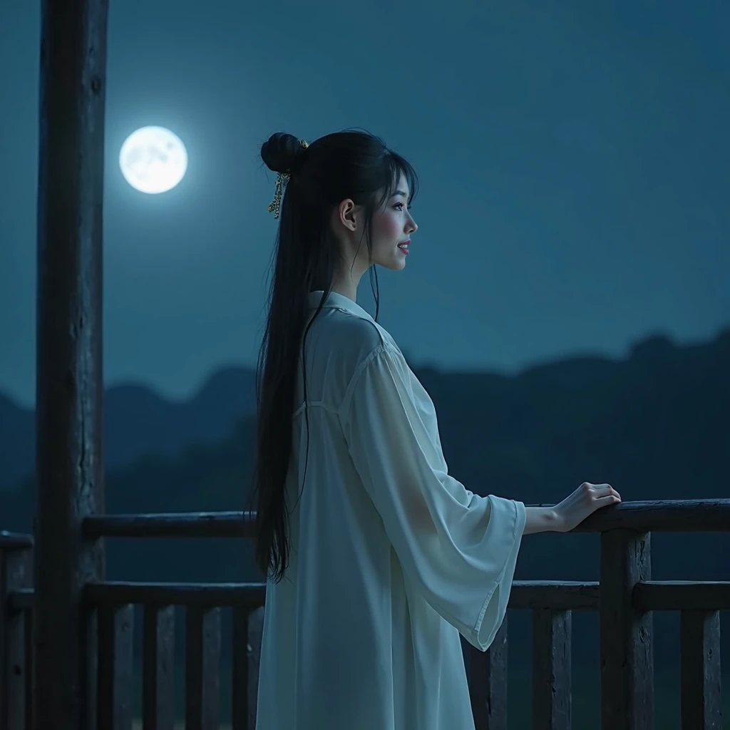 A Chinese girl in a loose nightgown, standing at a balcony looking at the moon in the sky, tears flowing down her cheeks. Sad and Melancholic feeling. Professional photography. Ultra-realistic. 