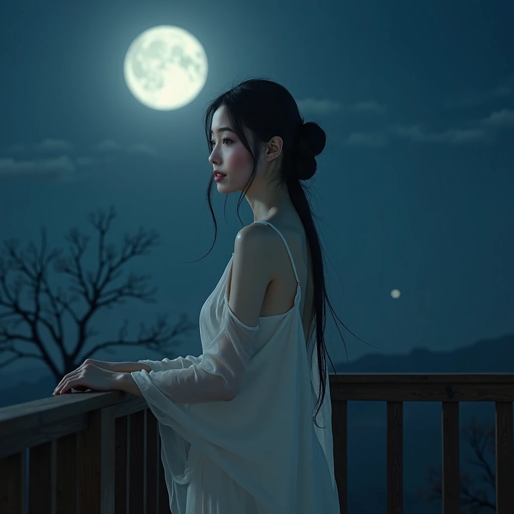 A Chinese girl in a loose nightgown, standing at a balcony looking at the moon in the sky, tears flowing down her cheeks. Sad and Melancholic feeling. Professional photography. Ultra-realistic. 