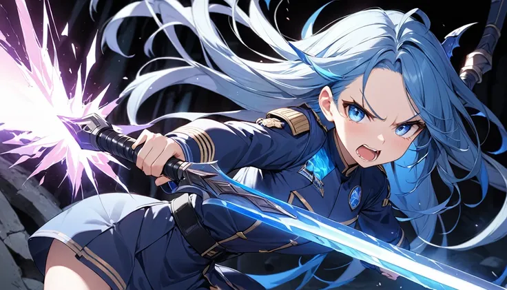 panoramic:1.2, (beautiful and detailed and masterpiece), (hard battle style), solo:2, (beautiful delicate forehead) (beautiful blue glowing hair, long hair) (immensely cute girl is 15 yo), (best cute blue eyes) (best angry face, glossy skin), (glossy lip, ...