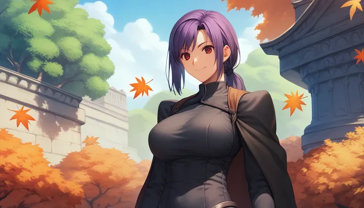 Score_9, Score_8_up, Score_7_up, One Girl,smile, Hirokazu Koyama ,Cowboy Shot,Sweaty,sexy,Pixel Perfect,Large Breasts,Anatomically correct, masterpiece,Very detailed,Outdoor,8k, (background,autumn leaves,blue sky,Simple),(Fits your body,Black rider suit,Sl...