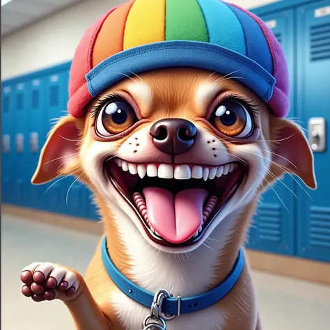 This photo is a closeup of a Chihuahua dog wearing a colorful baseball cap. The dog is standing in front of a row of blue lockers and appears to be in a school hallway. He has a big smile on his face and his tongue is sticking out, showing his teeth. His e...