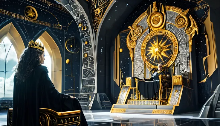 Create a gigantic room inside a spaceship, with walls that appear to be made of black stone. The walls are filled with carvings of gods, goddesses, and stars. In the center of the room stands a black stone throne adorned with gold engravings of gods, godde...