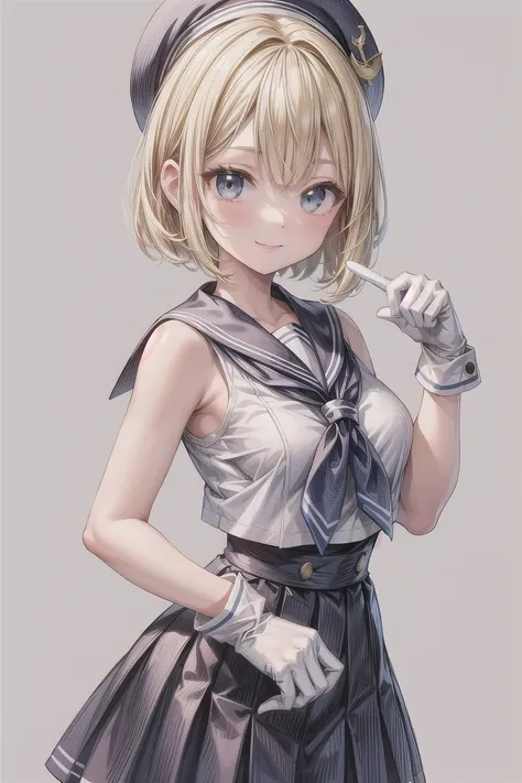 girl, blonde bob style hair, medium breasts, smile, sleeveless navy sailor uniform, navy skirt, long white gloves, school