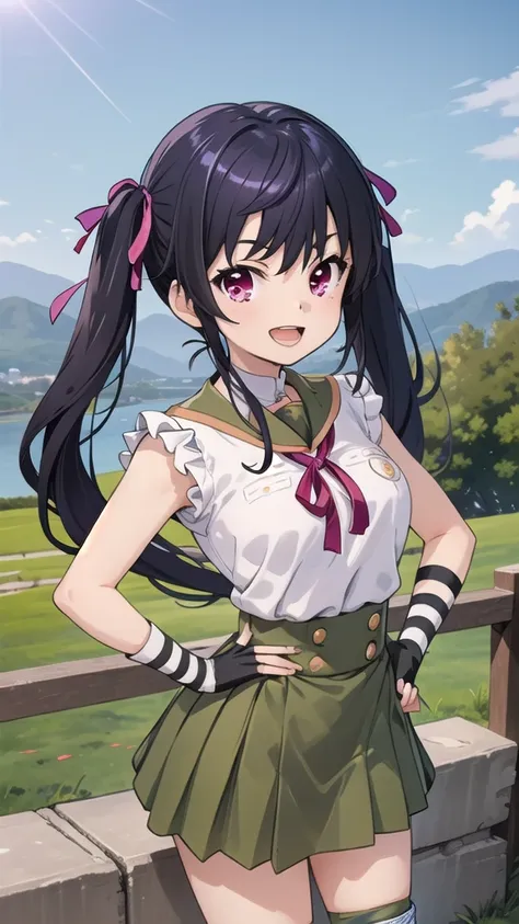 (masterpiece, best quality:1.2), solo, 1girl, kurumi_ebisuzawa, smile, open mouth, looking at viewer, twin tails, hair ribbon, (striped fingerless gloves:1.1), knee pads, green pleated skirt, beautiful landscape, standing pose, 