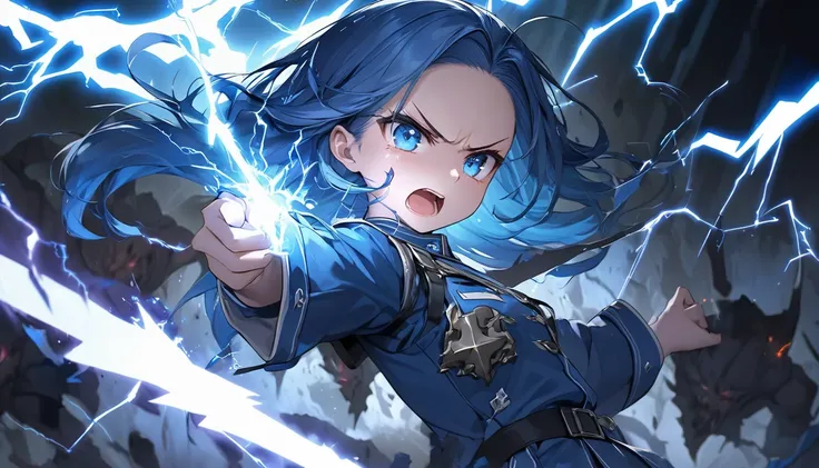 panoramic:1.2, (beautiful and detailed and masterpiece), profile:1.e, (hard battle style), (hand Shooting a biggest and very long Beam with lightning effect:1.5, Side Slash), solo:2, (beautiful delicate forehead) (beautiful blue glowing hair, long hair) (i...