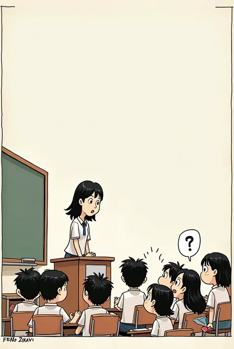 Feng Zikai style humorous cartoons，A teacher stands on the podium，The students below looked at her unhappily.，Students asked the teacher, &quot;Where is our KFC?&quot;