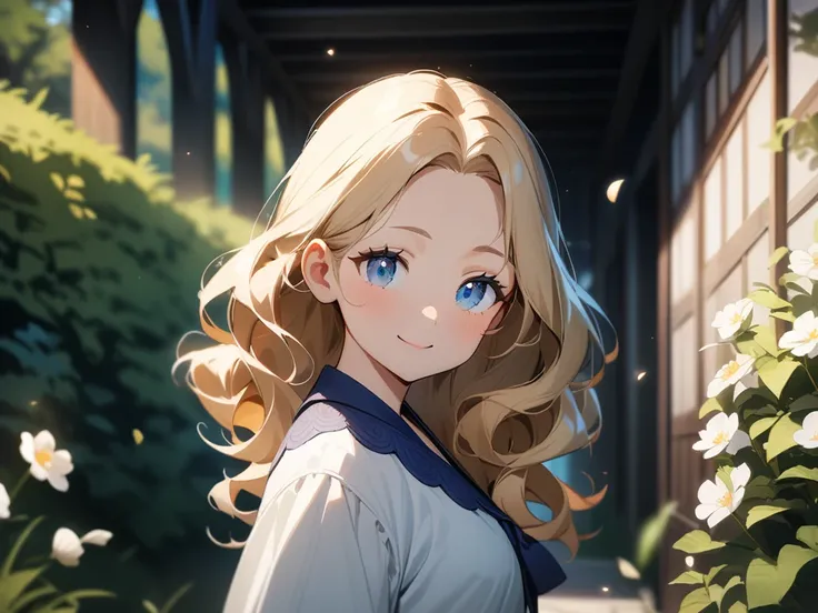  masterpiece, best quality, very aesthetic, absurdres, detailed background, perfect anatomy,  a girl with blonde hair walks in a pathway with flowers in the background, anime style, long shot, looking at viewer, outdoors, realistic lighting, BREAK 1girl, s...