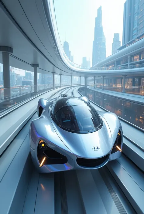 A vehicle that flies at high speed through transparent tubes that run through a futuristic city、４Seat、electromagnetic propulsion、1000km/h、Streamlined, organic design、Silver and blue design、Smooth gloss、Flying at super speed inside a transparent tube