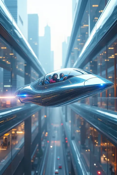 A vehicle that flies at high speed through transparent tubes that run through a futuristic city、４Seat、electromagnetic propulsion、1000km/h、Streamlined, organic design、Silver and blue design、Smooth gloss、Flying at super speed inside a transparent tube