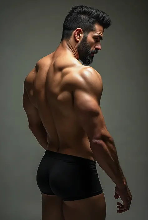 A wild muscular man nalgon, backside (40 years old daddy:1.1), 1boy, Solo,  black hair, (big shoulders), musculature, stubbles, Short beard, Beautiful eyes:1.3, ), (Detailed face:1.3), wearing glasses, smiles, Dynamic Angle, volumetric lighting, (Best qual...