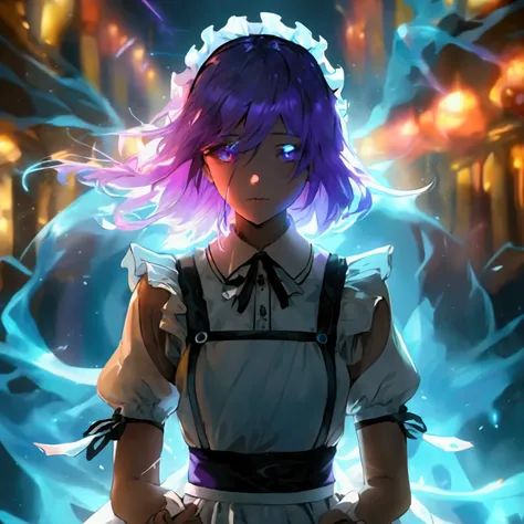 An anime maid stands at the center, her appearance graceful and powerful, wearing a traditional maid outfit with intricate lace details and a flowing skirt. His posture is balanced but intense. His slightly purple eyes shine brightly with a radiant and oth...