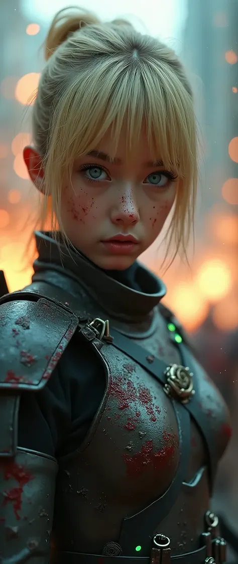 A realistic image of a Japanese teenage girl with blue eyes. She is wearing a dark green, heavily worn battle armor. Her arms are fully robotic with green LEDs. Her face is covered in blood. She has a blonde fringe in her hair. She holds a bloodied katana ...