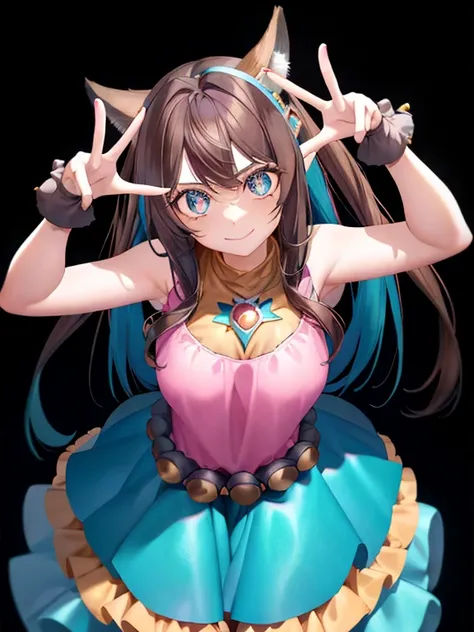 1girl, fox ears, full body, cowboy photo, (Rembrandt), illustration (masterpiece), (best quality), (ultra_detailed), fine detail, (depth of field), gloves, calm smile, long brown hair, star (symbol), looking at viewer, turquoise blue eyes, upper body, hair...