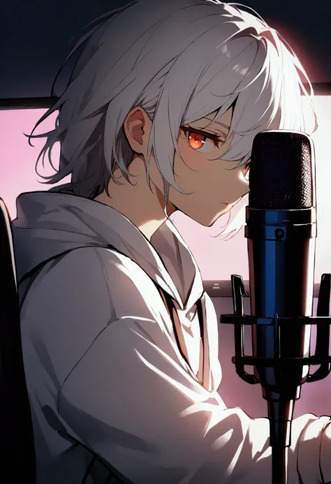 1 boy, amber eyes, white hair, white sweatshirt, is illuminated by the lights of a computer screen, a black microphone 