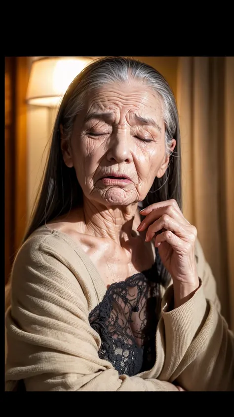 a very old woman with an extremely wrinkly face, very dry skin, heavy makeup, kissable lips, unconscious expression, drooping neck,  loose mouth, baldness and thinning,  white hair,  