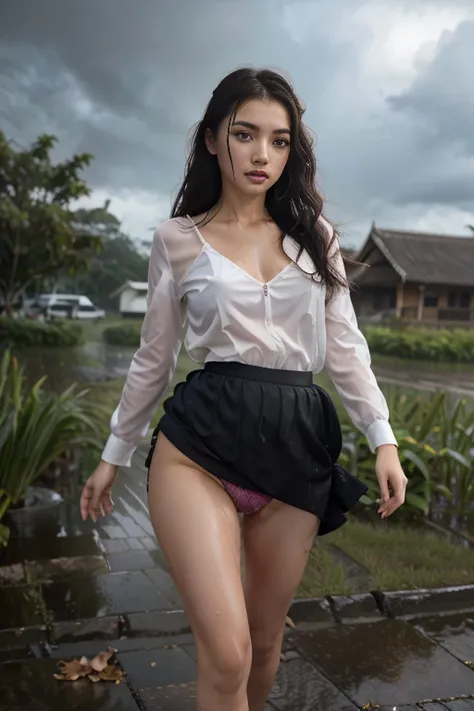 Sweet beautiful Bogor city girl walking draging through the hard rain and windy thunder storm,  everything are wet,  very georgeus face,  descent mixed from sundanese and javanese, twenty one years old, slim body, wavy black hairs blown up by the strong wi...