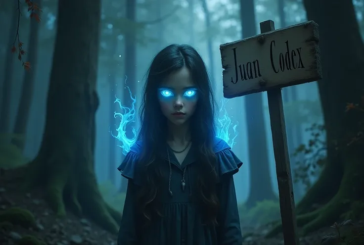 1 girl, in a dark forest and with blue eyes that have flames coming out of their eyes and with a sign that says Juan Codex .High resolution, 