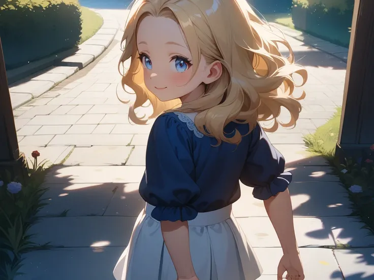  masterpiece, best quality, very aesthetic, absurdres, detailed background, perfect anatomy,  a child with blonde hair walks in a pathway with flowers in the background, anime style, long shot, looking at viewer, outdoors, looking back, realistic lighting,...