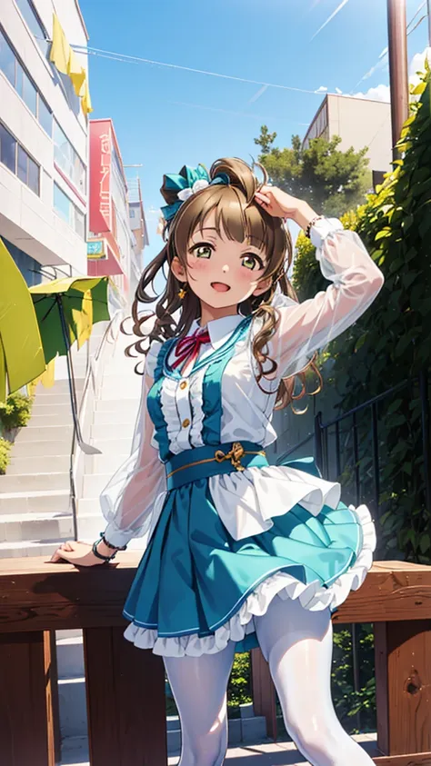 masterpiece,  minami kotori, very curly hair,  very tiny miniskirt,  blue pantyhose crotch,  open  legs, shoes,  sun shiny day