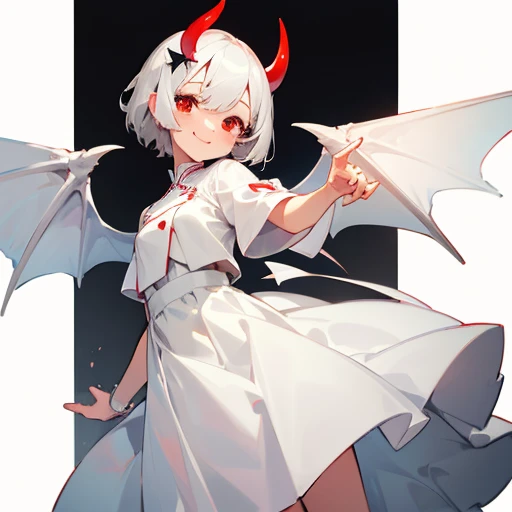 Masterpiece, 8k, 1 Girl, Big smile, Girl, White Devil, White Devil Wings, White enamel dress, White corner, Gray Hair, Short Hair, Red Eyes, cute, Little Devil