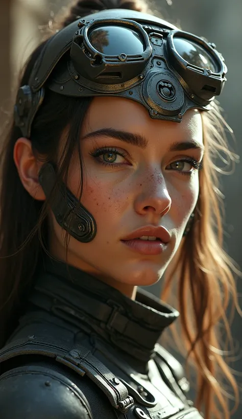 solo focus, close up portrait of a masterpiece of a woman with tactical gear in a Tatooine building, rays of light, caustics, mechanical parts, wiring, droid, metal jaw, cinematic lighting, dramatic, hyper detailed, dramatic atmosphere, photorealistic, 8k,...