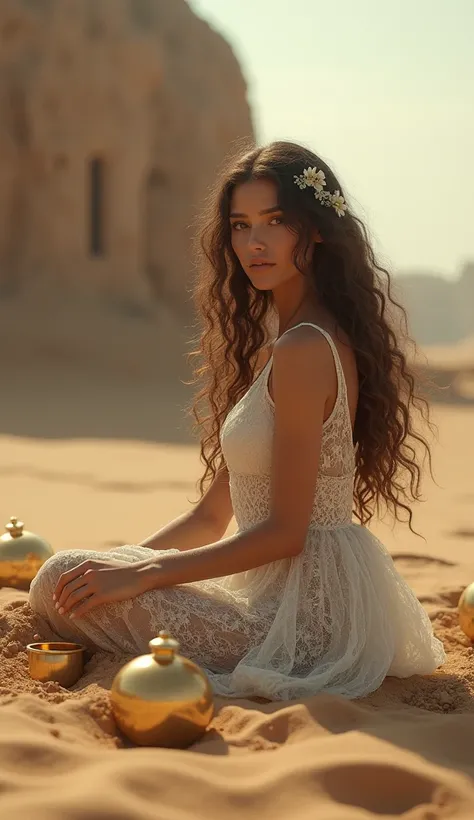 Beautiful girl sitting playing with sand. long curly hair. Sexy medieval lace dress. Slim body, Exuberant and voluptuous. beautiful face. Many golden vessels buried on the dunes of a vast desert with druid ruins. Canon, Optical illusion, Reflection light, ...