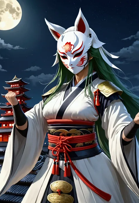 Female ninja white kitsune mask, green hair, bikini armour, raise your arms, city and feudal Japan, full moon night.