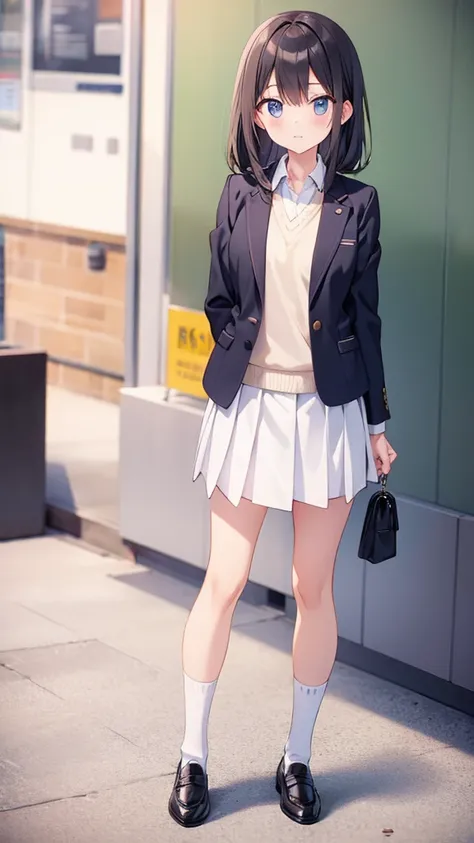 Standing with arms folded behind back、Anime girl wearing a blazer uniform, white crew socks and black loafers