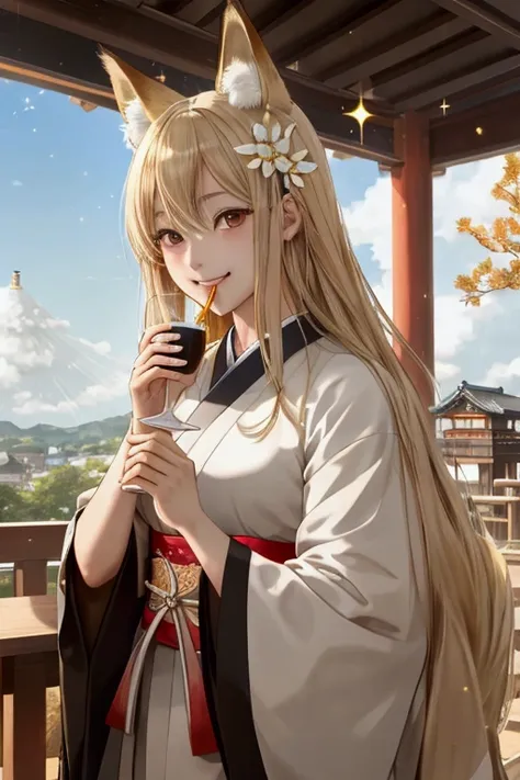 solo, male、Japanese house、Veranda、full moon、Tsukimi、Cross-legged、Leaning against a shoji screen、Tsukimi酒、Japanese silver grass field、A cup at the mouth、Drinking alcohol、High resolution, smile, Open your mouth, Blonde, accessories, Very long hair, Golden Ey...