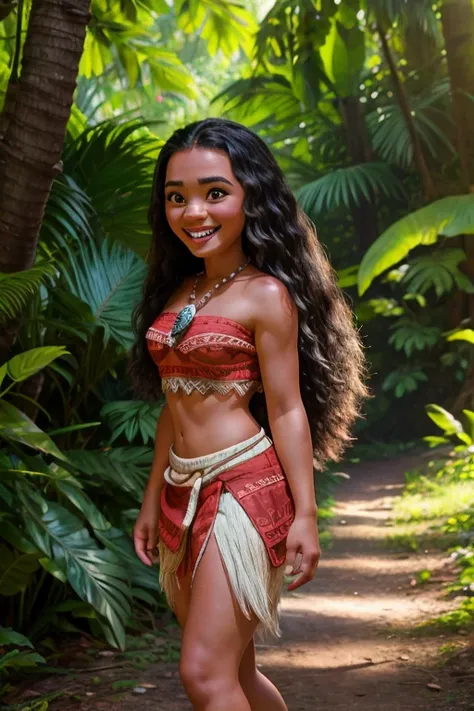 smiling cheerful disney's moana with very long down loose hair down to her hips in the forest