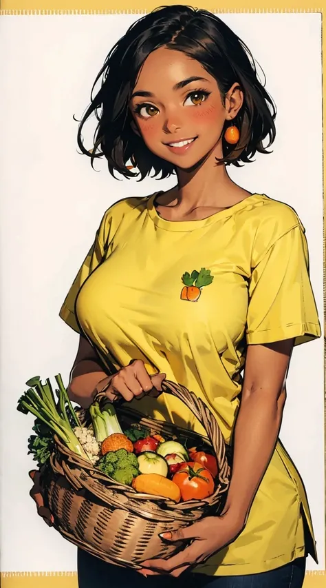 illustration of a woman holding a basket of vegetables close to her chest, 1girl, basket, breasts, vegetable, smile, holding basket, black hair, tomato, solo, shirt, large breasts, dark skin, carrot, yellow eyes, looking at viewer, short hair, food, yellow...