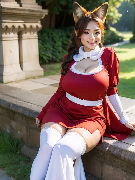 ((Best Quality, 8k)), ((masterpiece)), (Highest Resolution), Perfect Face, Woman with fox ears, Woman with a tail, Beautiful woman, She is a housekeeper, This was taken outside the castle, Only one tail, She has thick thighs, Her big fox tail, I can see he...