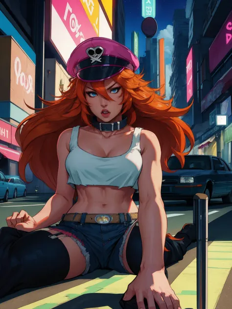 roxy,orange hair,blue eyes,long hair,white crop top,collar,short shorts, peaked cap, upper body,walking, nice shoes,looking at v...