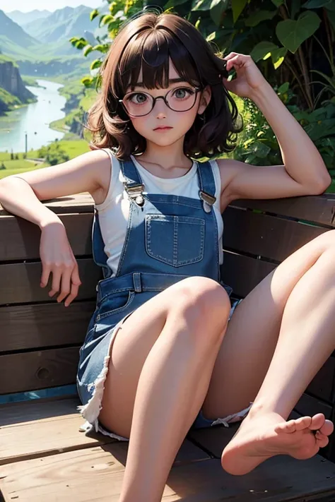 of the highest quality，masterpiece，of the highest quality，(Popart style),flat color，funny, honor student, 10 years，Glasses，short length，Curly hair, Brown hait, romantic, blunt bangs，thick eyebrows，Girl wearing an demin overalls shorts、tank top, lying down ...