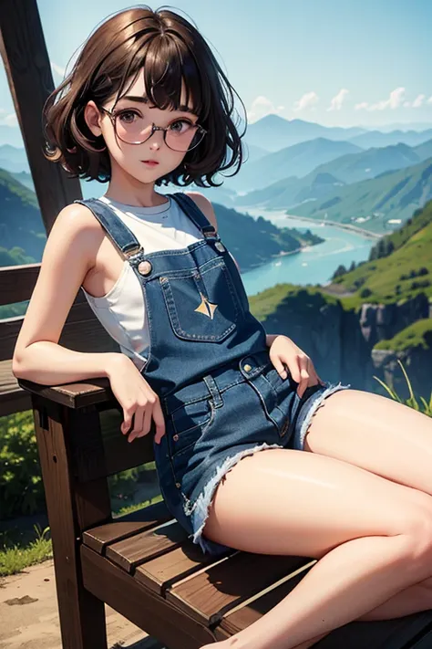 of the highest quality，masterpiece，of the highest quality，(Popart style),flat color，funny, honor student, 10 years，Glasses，short length，Curly hair, Brown hait, romantic, blunt bangs，thick eyebrows，Girl wearing an demin overalls shorts、tank top, lying down ...