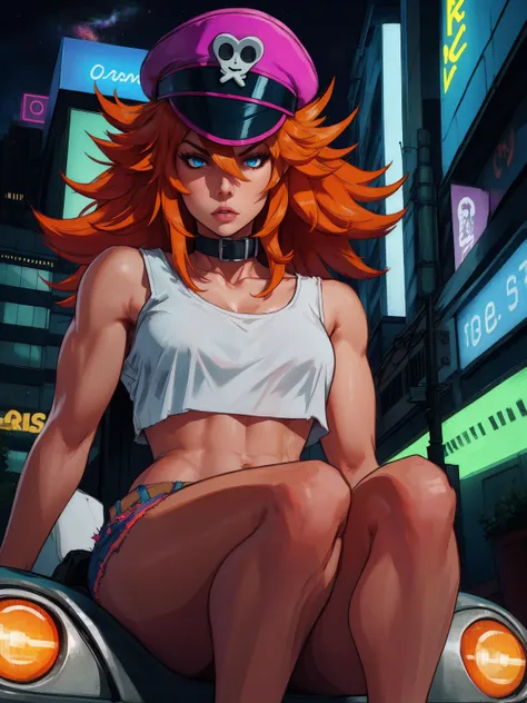 roxy,orange hair,blue eyes,long hair,white crop top,collar,short shorts, peaked cap, upper body,walking, nice shoes,looking at viewer, night,neon lights,streets, (insanely detailed, masterpiece, best quality),solo, sitting on car