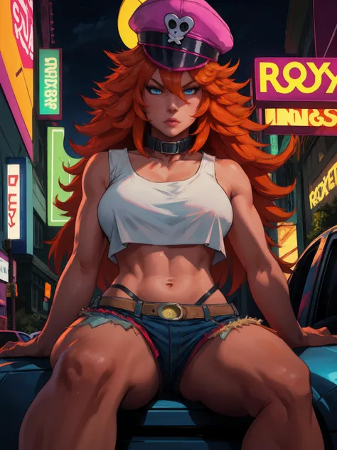 roxy,orange hair,blue eyes,long hair,white crop top,collar,short shorts, peaked cap, upper body,walking, nice shoes,looking at v...