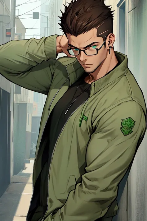 A tall, slim but muscular young man with short, dark brown spiked hair, and has blue-green eyes behind glasses, wearing a casual outfit and a sleek earpiece that looks kind of like an earbud in his left ear.