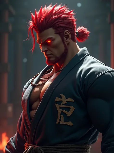 a detailed anime portrait of akuma from street fighter, dark red hair, dark skin tone, glowing red eyes with black sclera, prayer beads around neck, dark gray karate gi with twine around waist, kanji "ten" visible on back, bold intense colors, cinematic li...