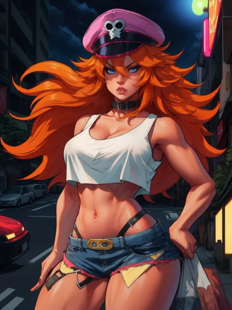 roxy,orange hair,blue eyes,long hair,white crop top,collar,short shorts, peaked cap, upper body,looking at viewer, night,neon li...