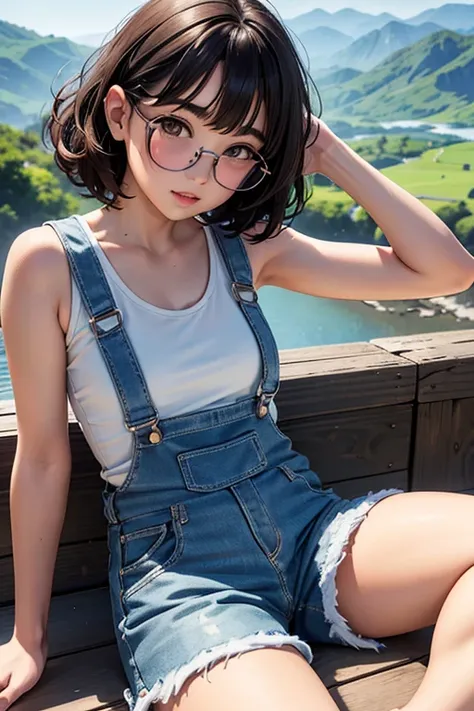 of the highest quality，masterpiece，of the highest quality，(Popart style),flat color，funny, honor student, 10 years，Glasses，short length，Curly hair, Brown hait, romantic, blunt bangs，thick eyebrows，Girl wearing an demin overalls shorts、tank top, lying down ...