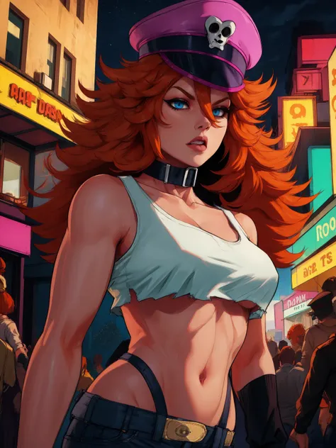 roxy,orange hair,blue eyes,long hair,white crop top,collar,short shorts, peaked cap, upper body,looking at viewer, night,neon li...