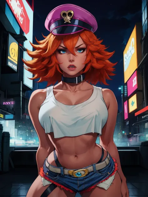 a detailed portrait of roxy, a girl with orange hair and blue eyes, wearing a white crop top, collar, and short shorts, also wea...