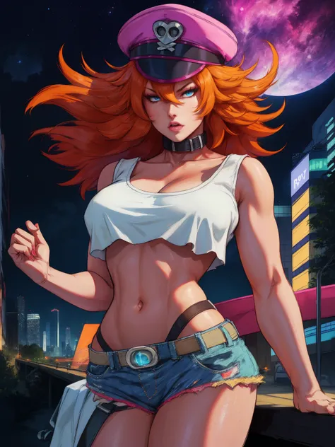 a detailed portrait of roxy, a girl with orange hair and blue eyes, wearing a white crop top, collar, and short shorts, also wea...