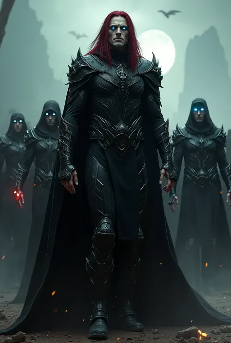 Image of a tall, strong and handsome male vampire with glowing blue eyes and long dark red hair, wearing futuristic black combat clothes, comquering a planet with other vampires in dark futuristic clothes behind him. Dark image showing danger