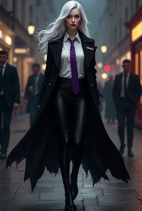 8k portrait (full body), realistic photo, realistic skin texture, super realism illustration of an extremely elegant (beautiful and hot) female vampire, with loose white hair, red eyes. Wearing a black (flowing) overcoat, a white dress shirt with a purple ...