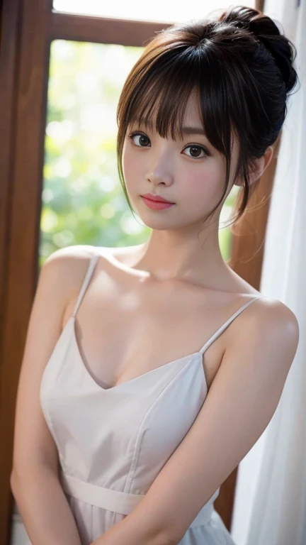 Best Quality、8K wallpaper、reality:1.4、Taken by a professional photographer、Cinema Lighting、セクシーで非常にbeautiful顔, Small breasts, white, Glowing Skin, Long bangs between the eyes, ponytail, 滑らかで光沢のあるbeautiful長い絹のようなブラウンの髪, beautiful, Beautiful and cute eyes, B...