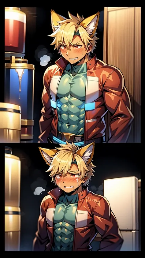 ((red jacket)),huge muscles,(huge erect penis),emiya_shiro,dark skin,being raped,glowing skin,glowing skin,zoom out,penis milkin...